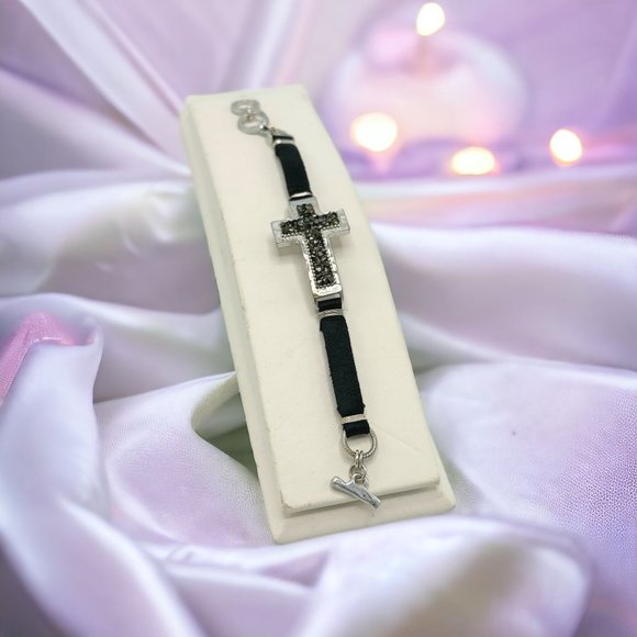 Silver and Black Cross Faux Leather Bracelet - Picture 1 of 5
